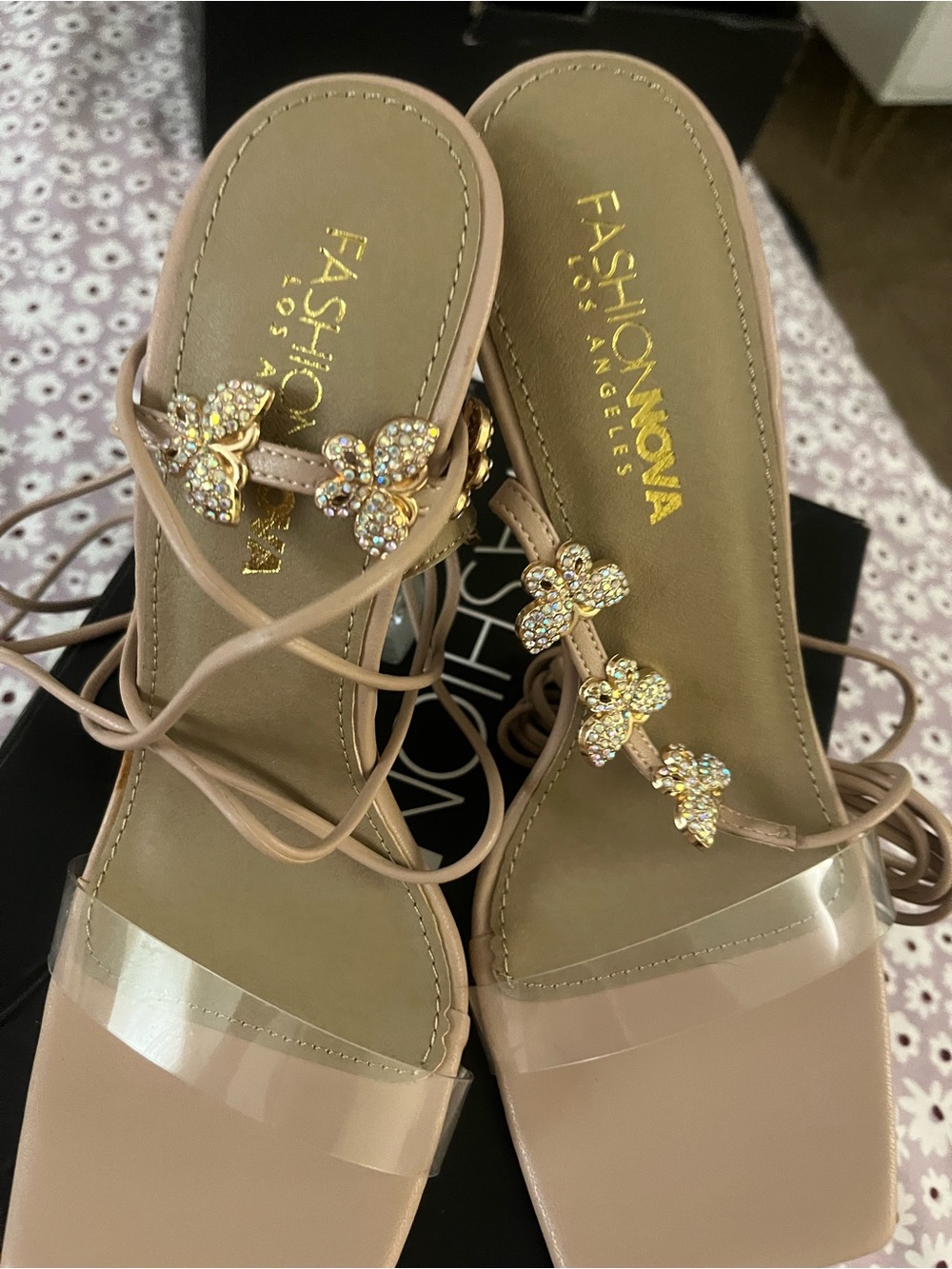 Fashion Nova Blush Lace-Up Sandals with Crystal Butterfly Accents